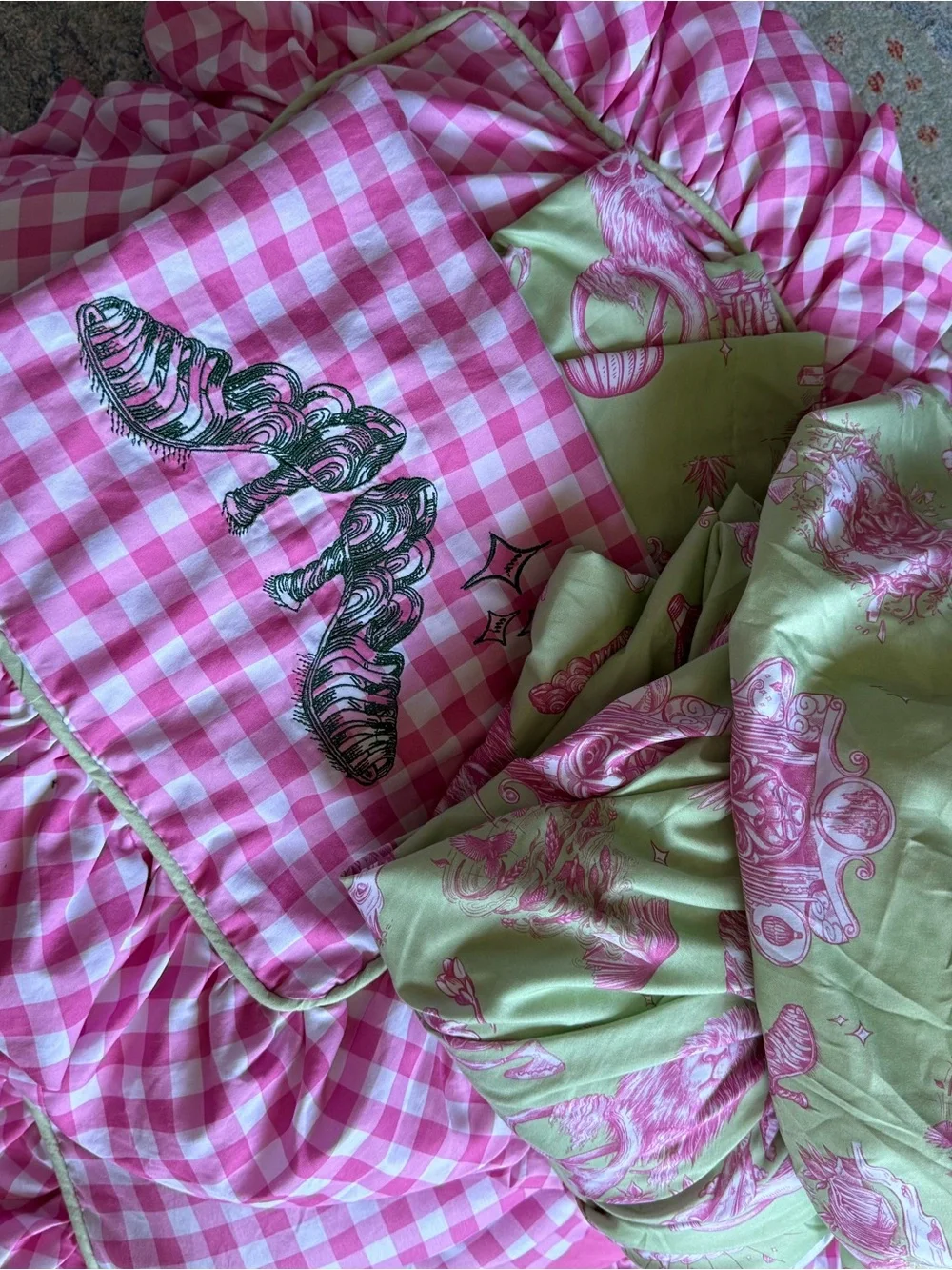 Wicked Katie Kime Pink Gingham Ruffled Comforter and Sheet Set - FULL